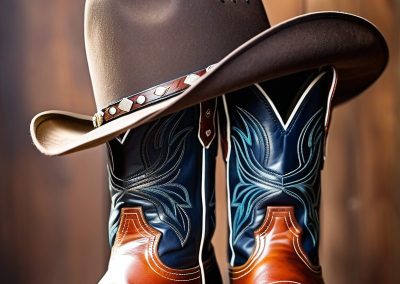 Brown cowboy hat resting on ornate leather cowboy boots with blue and orange stitched designs on wooden surface