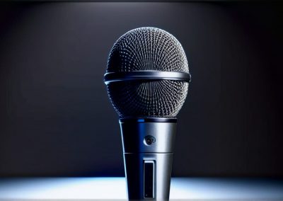 Professional silver microphone with mesh grille on white surface against dark background with blue lighting
