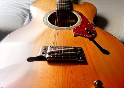 Acoustic-electric guitar with amber sunburst finish, red tortoiseshell pickguard, and chrome pickup on gray bedding