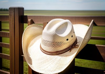 White cowboy hat with brown leather band hanging on wooden fence rail in rural countryside setting