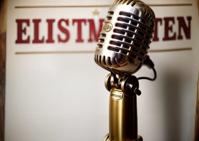 Vintage gold microphone on stand with blurred red 'ELISTIN' sign in background for broadcasting or podcasting