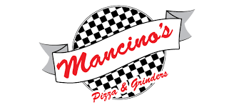 Mancino's Pizza & Grinders logo featuring red script text on white banner over black and white checkered circle